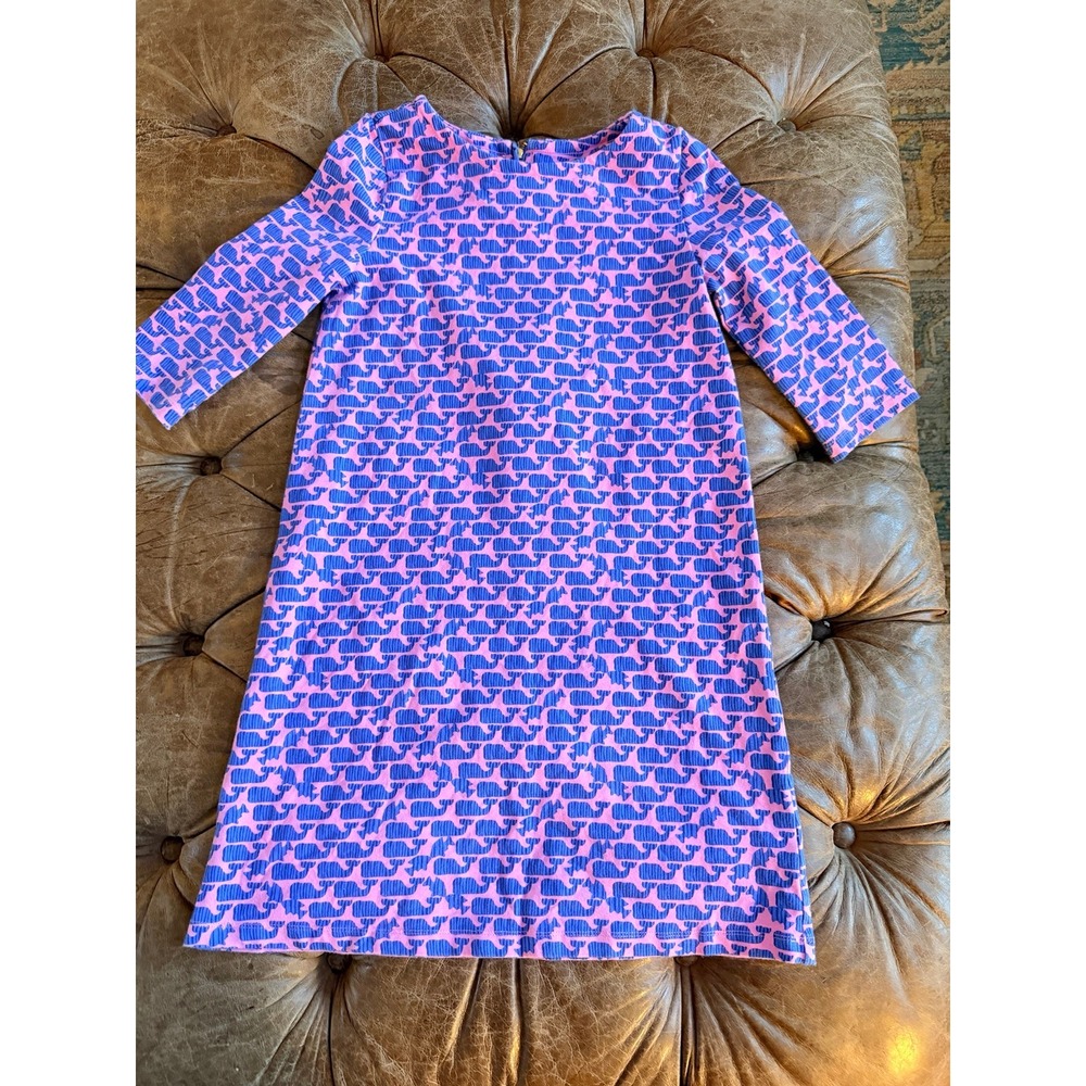 Vineyard Vines Girls Pink Blue Whale Print Ribbed Shift Dress Size S 7-8